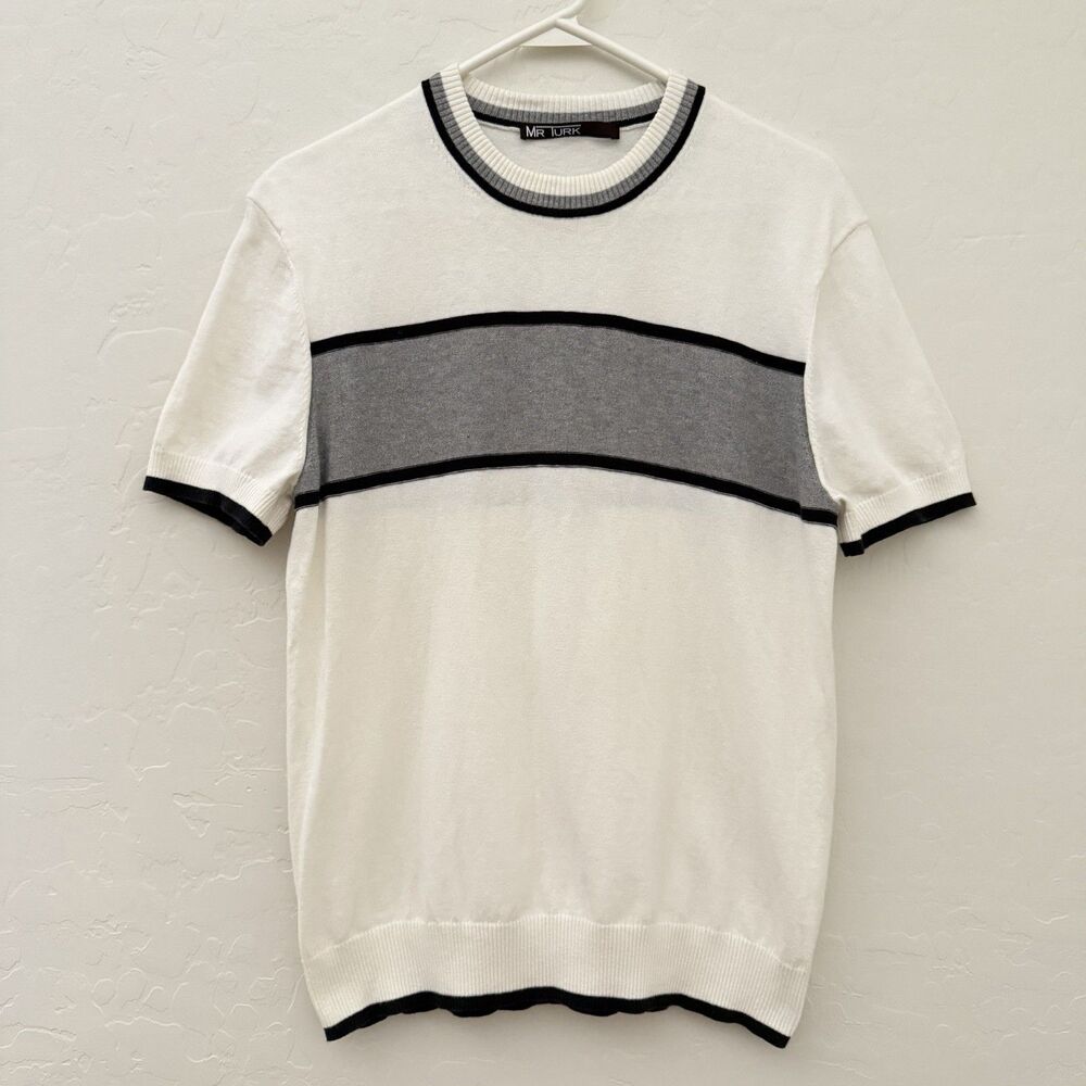 Mr Turk Short Sleeve Knit Sweater White Gray Stripe Crew Neck Men’s S